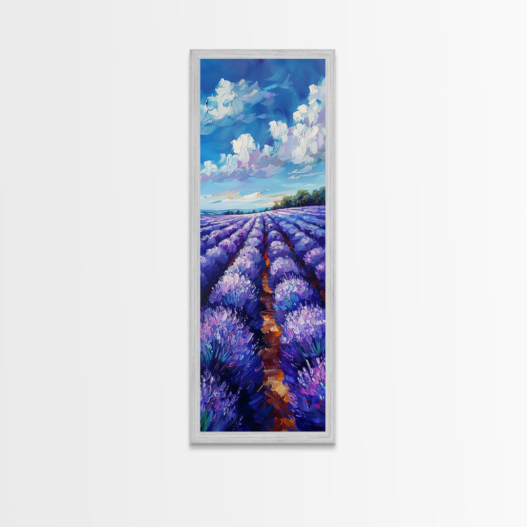 Expansive Lavender Fields Under a Bright Sky, Skinny and Tall Art, Bold Framed Canvas Print, Landscape Wall Art