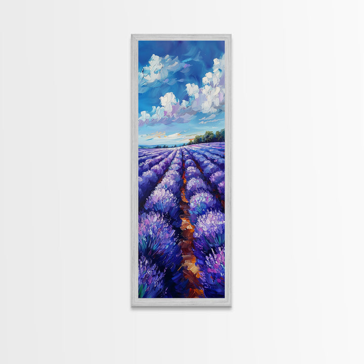 Expansive Lavender Fields Under a Bright Sky, Skinny and Tall Art, Bold Framed Canvas Print, Landscape Wall Art