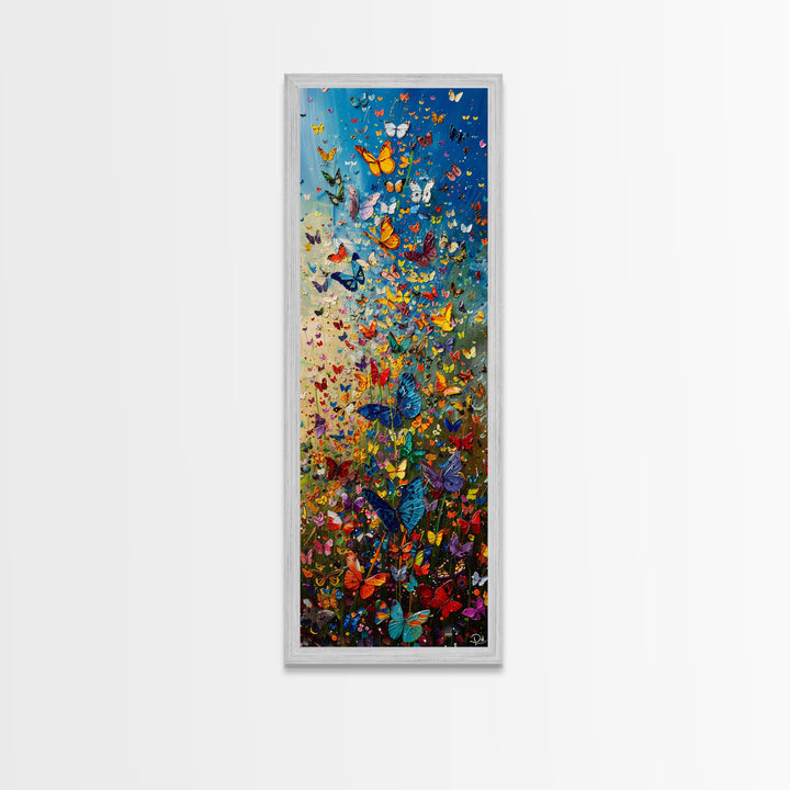 Burst of Colorful Butterflies in a Floral Meadow, Skinny and Tall Art, Energetic Framed Canvas Print, Vibrant Wall Art