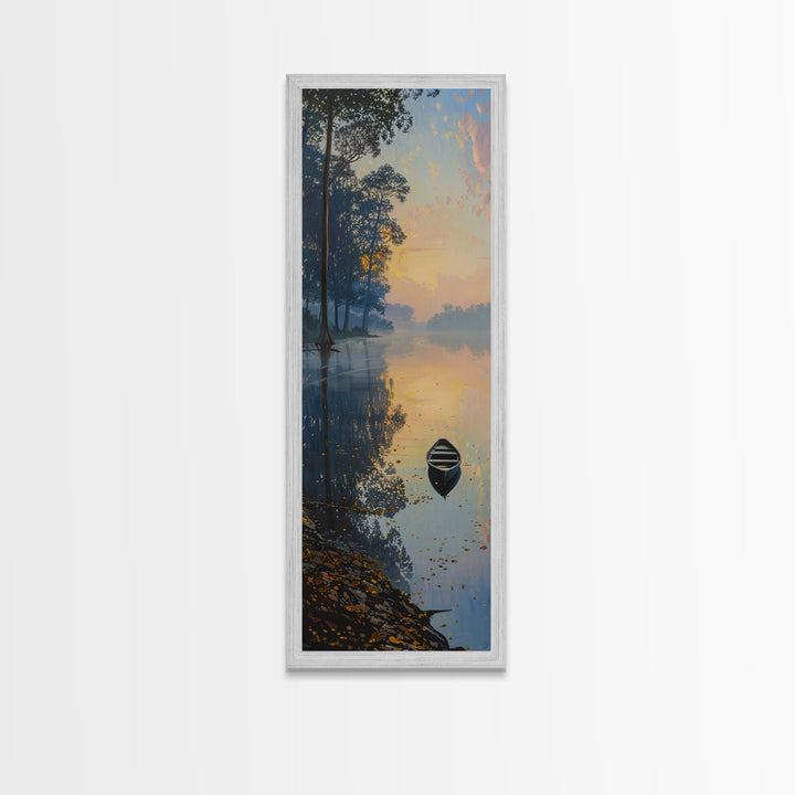 Calm River Reflection with a Lone Boat, Skinny and Tall Art, Serene Landscape Framed Canvas Print, Tranquil Wall Art