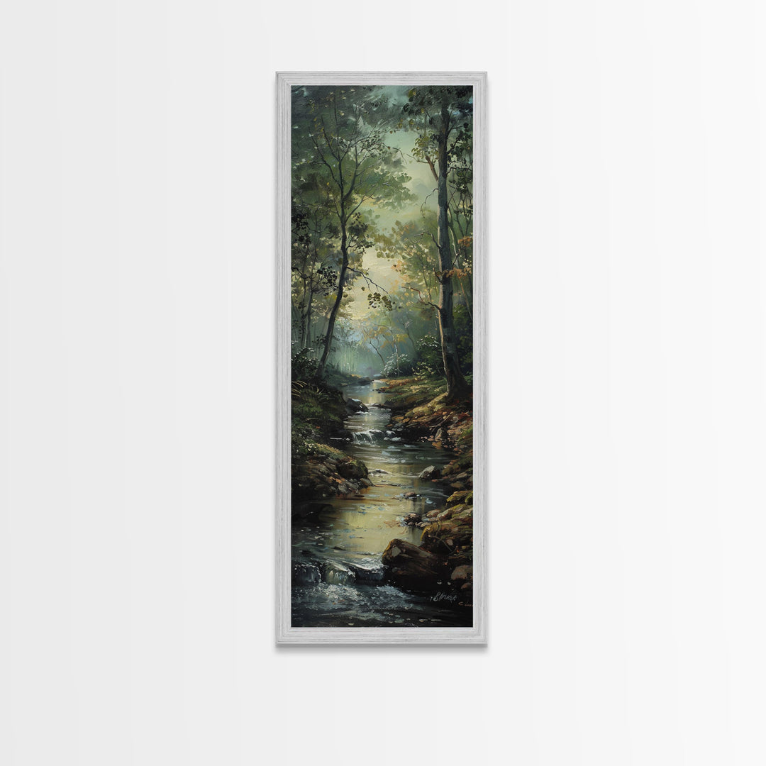 Peaceful Forest Stream in the Early Morning Light, Skinny and Tall Art, Framed Canvas Print, Cozy Wall Art Decor