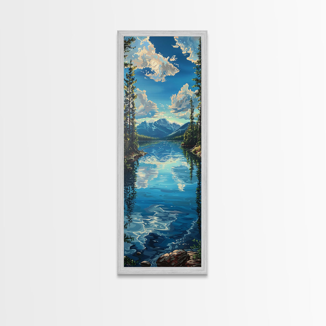 Framed Canvas Print Skinny Art of a Clear Lake Surrounded by Pine Trees with Majestic Mountains in the Distance Under a Blue Sky, Ideal Tall Landscape Art