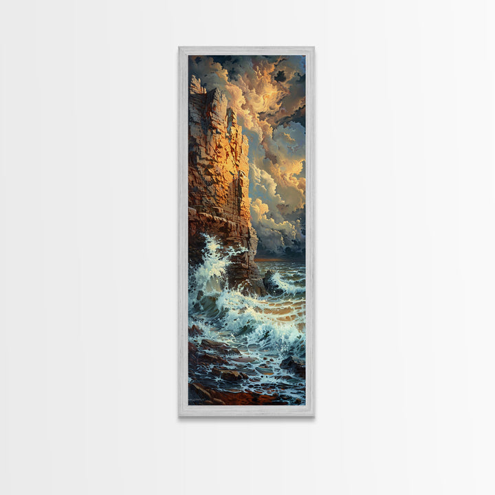 Majestic Cliffside and Crashing Waves in a Coastal Landscape on a Framed Canvas Print Tall Art Piece