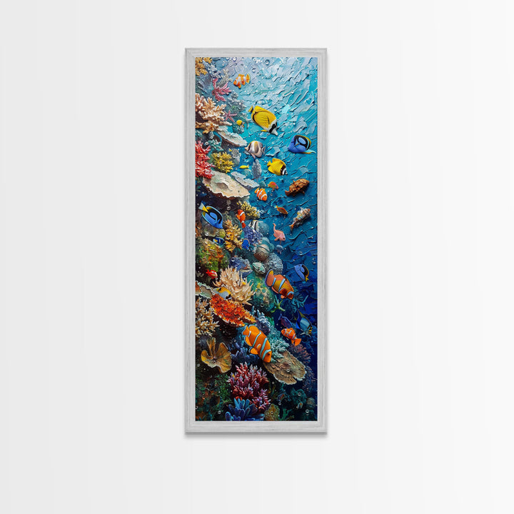 Vibrant Coral Reef Underwater Scene Featuring Diverse Tropical Fish on a Framed Canvas Print Skinny Art Piece