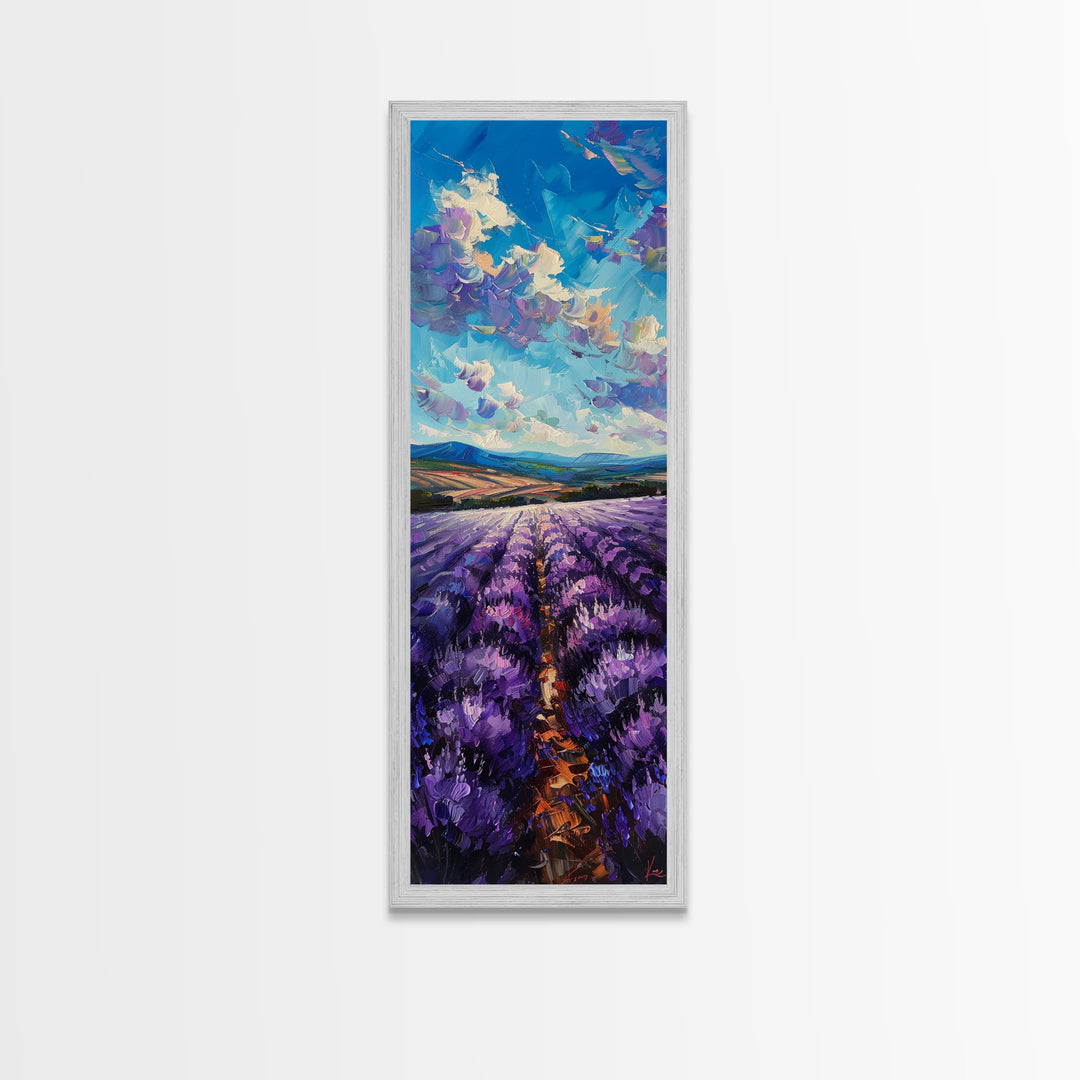 Framed Canvas Print of Wide Lavender Fields Under a Bright Sky Featuring Skinny Tall Art for Stunning Wall Decor in Home or Office