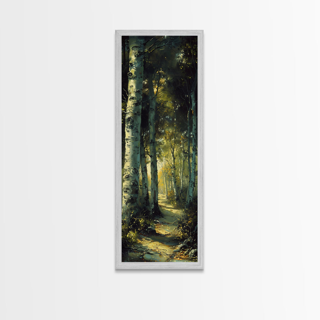 Serene Birch Tree Pathway in Tall Skinny Art Framed Canvas Print Perfect for Tranquil Wall Decor in Bedrooms or Study Rooms