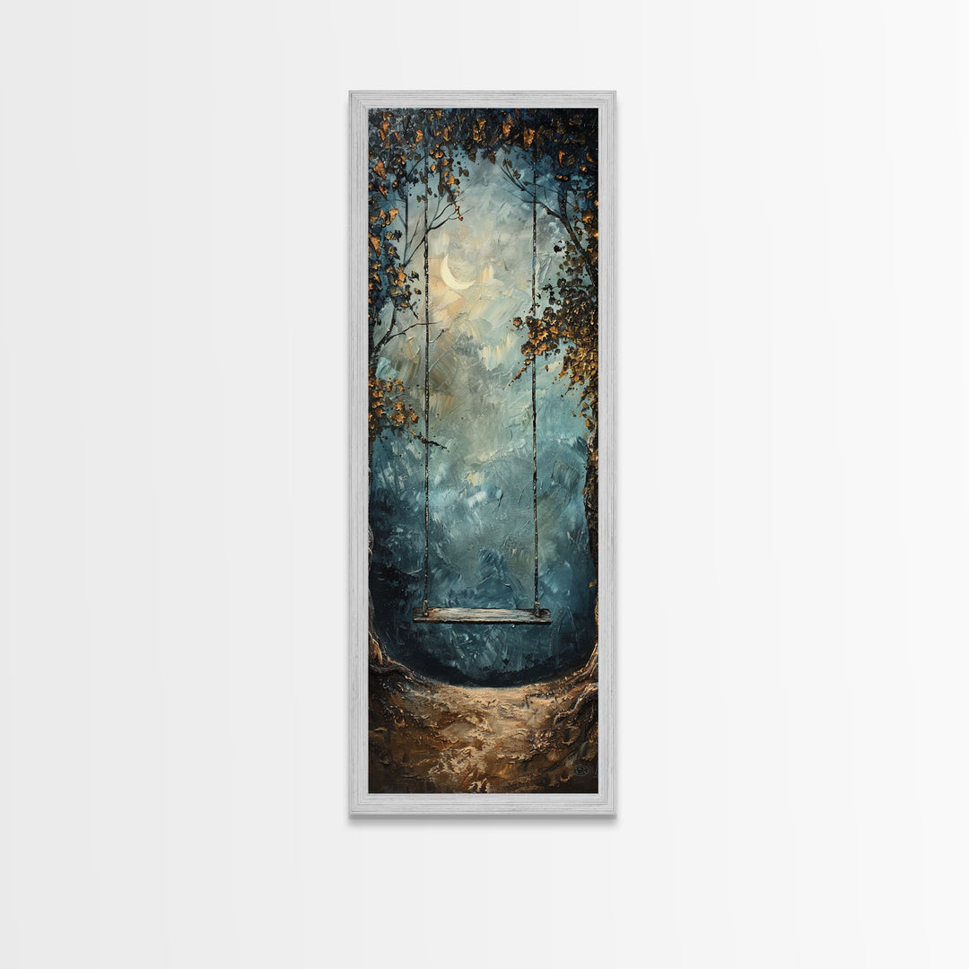 Tree Swing At Midnight Framed Canvas Print, Secret Garden, Dark Academia, Whimsical Minimalist Wall Art, Night Time Under a Crescent Moon
