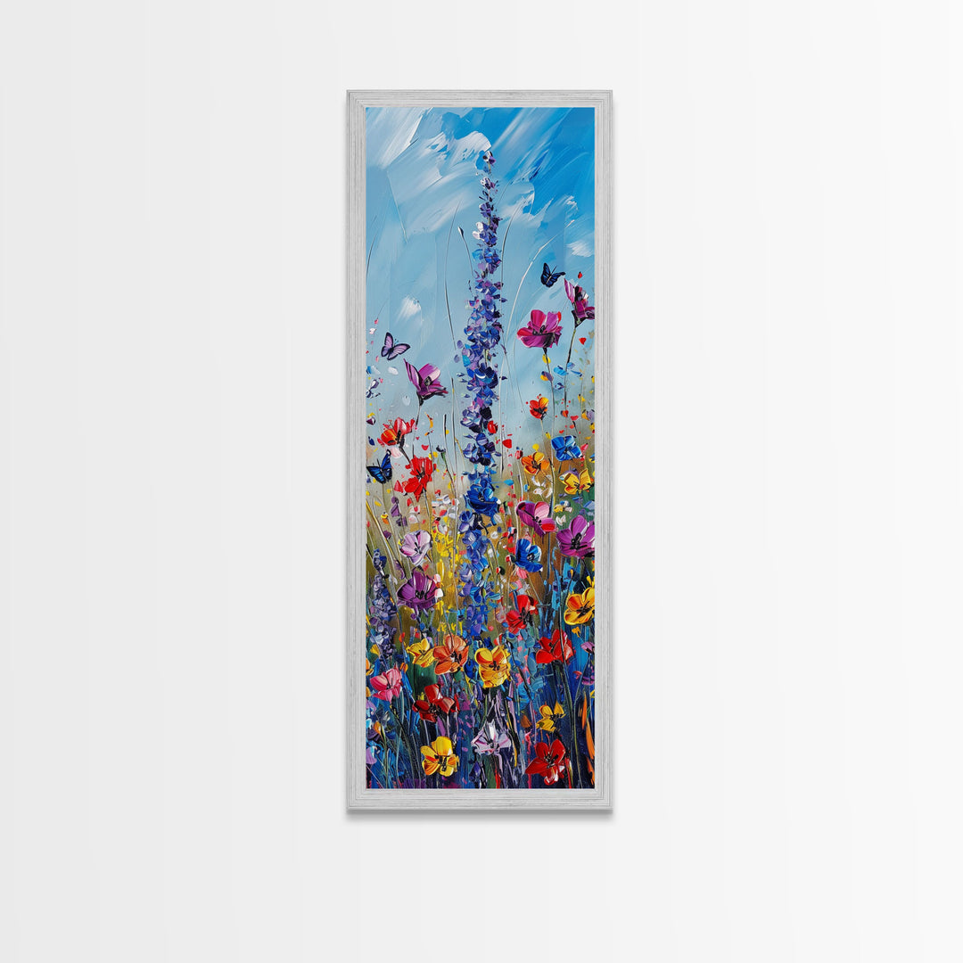 Butterflies and Wildflowers, Framed Canvas print, Wood Framed Art, Living Room Decor, Skinny Art, Boho Style Minimalist Wall Art