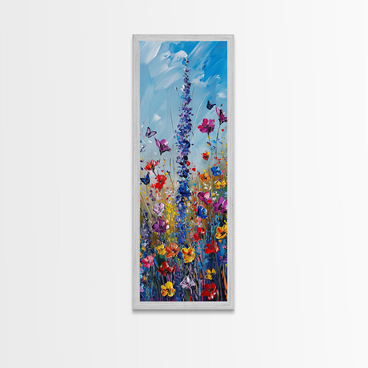 Butterflies and Wildflowers, Framed Canvas print, Wood Framed Art, Living Room Decor, Skinny Art, Boho Style Minimalist Wall Art