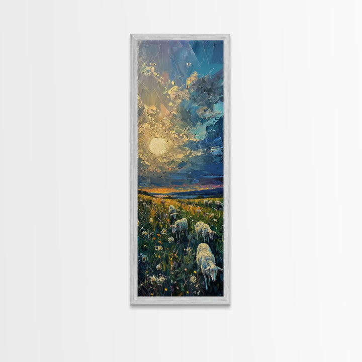 Lambs At Sunset Farmhouse Decor, Framed Canvas Print, Unique Wall Art, Skinny Art, Tall Wall Art, Art For Small Spaces