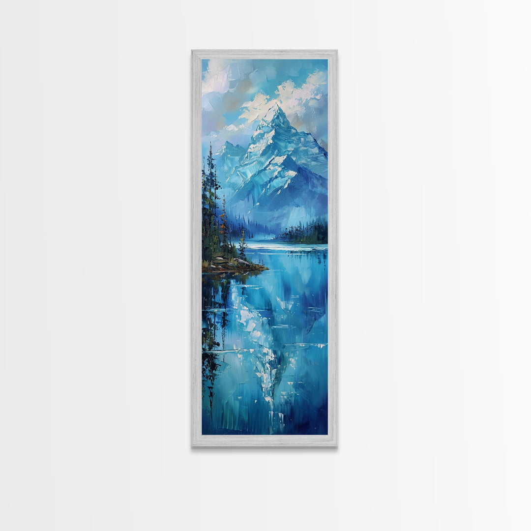 Mountain Reflections In The Lake Framed Canvas Print, Boho Style Oil Painting Print, Minimalist Decor, Unique Gift Idea, Skinny Art For Small Spaces