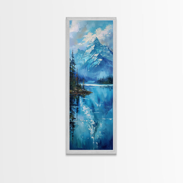 Mountain Reflections In The Lake Framed Canvas Print, Boho Style Oil Painting Print, Minimalist Decor, Unique Gift Idea, Skinny Art For Small Spaces