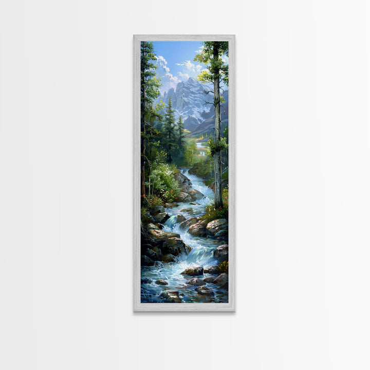 Majestic Mountain Stream In A Serene Forest Landscape, Farmhouse And Minimalist Art Style, Boho Wall Art In Tall Canvas Print