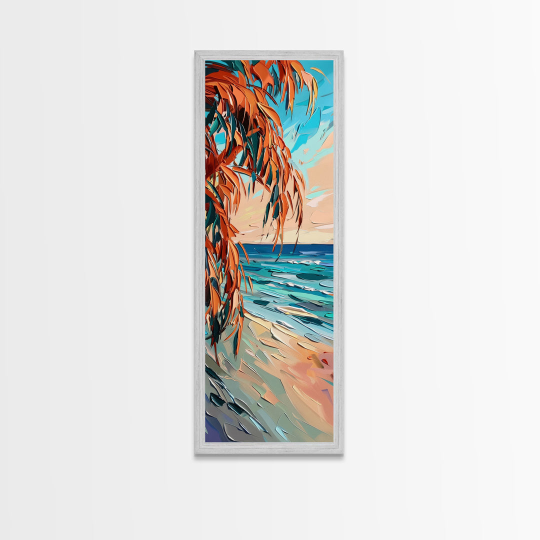 Expressive Coastal Shoreline Landscape in Blue and Orange, Abstract Painting on Framed Canvas Print, Perfect for Beach-Themed Wall Art