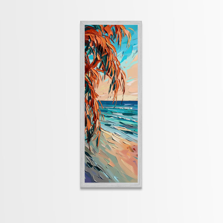 Expressive Coastal Shoreline Landscape in Blue and Orange, Abstract Painting on Framed Canvas Print, Perfect for Beach-Themed Wall Art