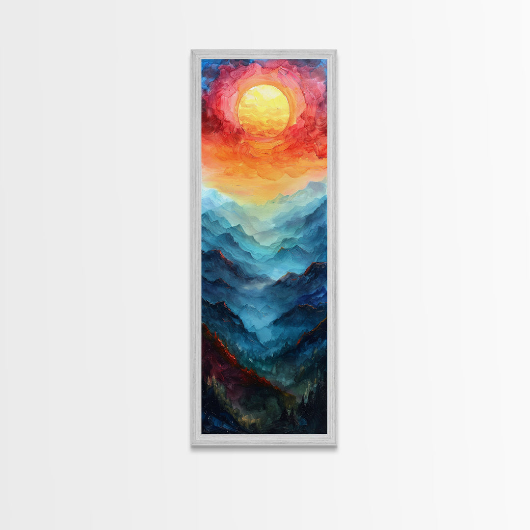 Majestic Sunrise Over Mountain Range Boho Sunset Landscape Framed Canvas Print Tall Art Japanese Style Art