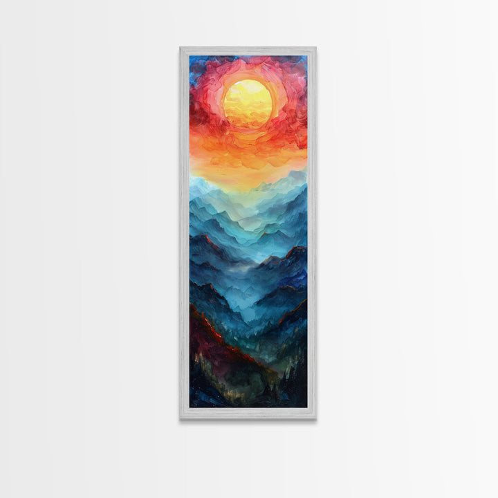 Majestic Sunrise Over Mountain Range Boho Sunset Landscape Framed Canvas Print Tall Art Japanese Style Art