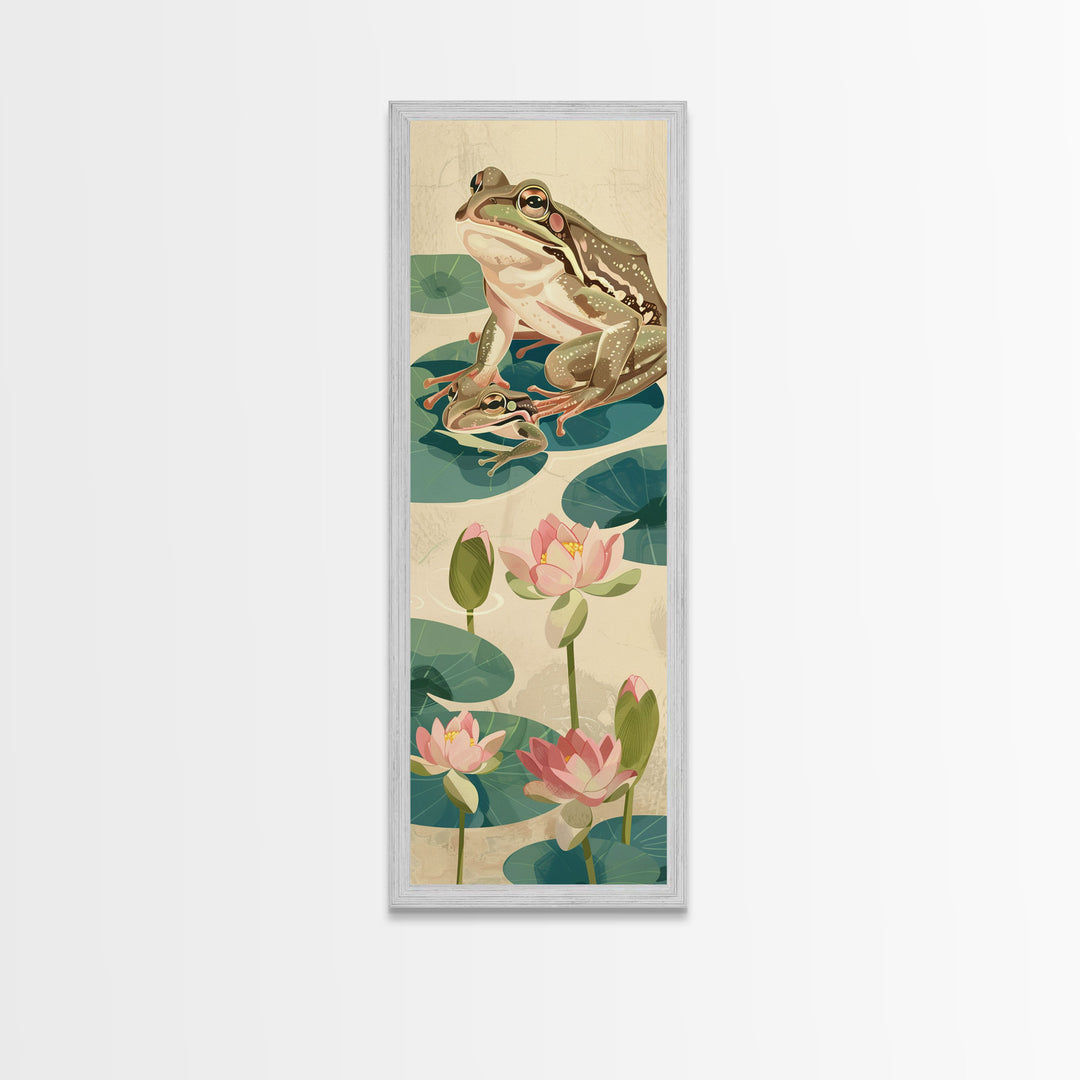 Frogs On Lily Pads Canvas In Japanese Ukiyo-e Style, Traditional Woodblock Print, Framed Canvas Print, Tall Skinny Japanese Wall Art, Ready To Hang