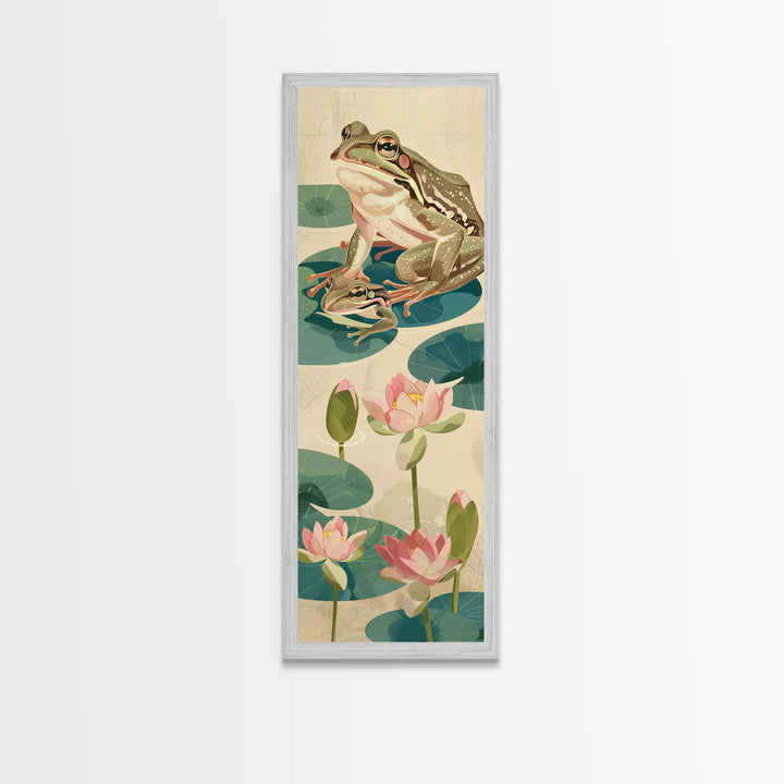 Frogs On Lily Pads Canvas In Japanese Ukiyo-e Style, Traditional Woodblock Print, Framed Canvas Print, Tall Skinny Japanese Wall Art, Ready To Hang
