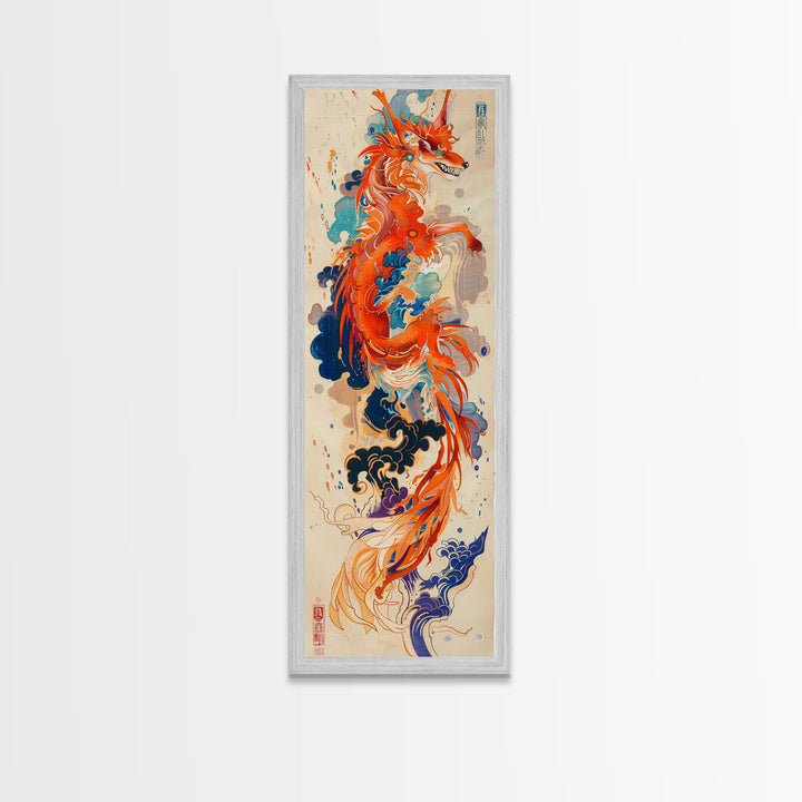 Majestic Red Dragon Soars Skinny Art Tall Art Japanese Ukiyo-e Inspired Mythical Creature Framed Canvas Print