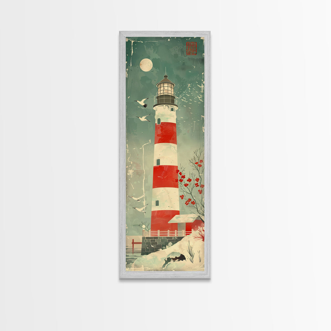 Japanese Woodblock Print Of A Traditional Lighthouse Surrounded By Seagulls Framed Canvas Print Ready To Hang For Wall Art Decor