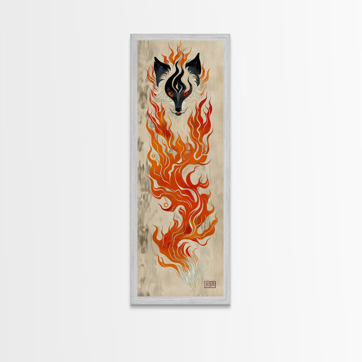 Fiery Kitsune Spirit Skinny Art Tall Art Japanese Ukiyo-e Inspired Mythical Creature Framed Canvas Print