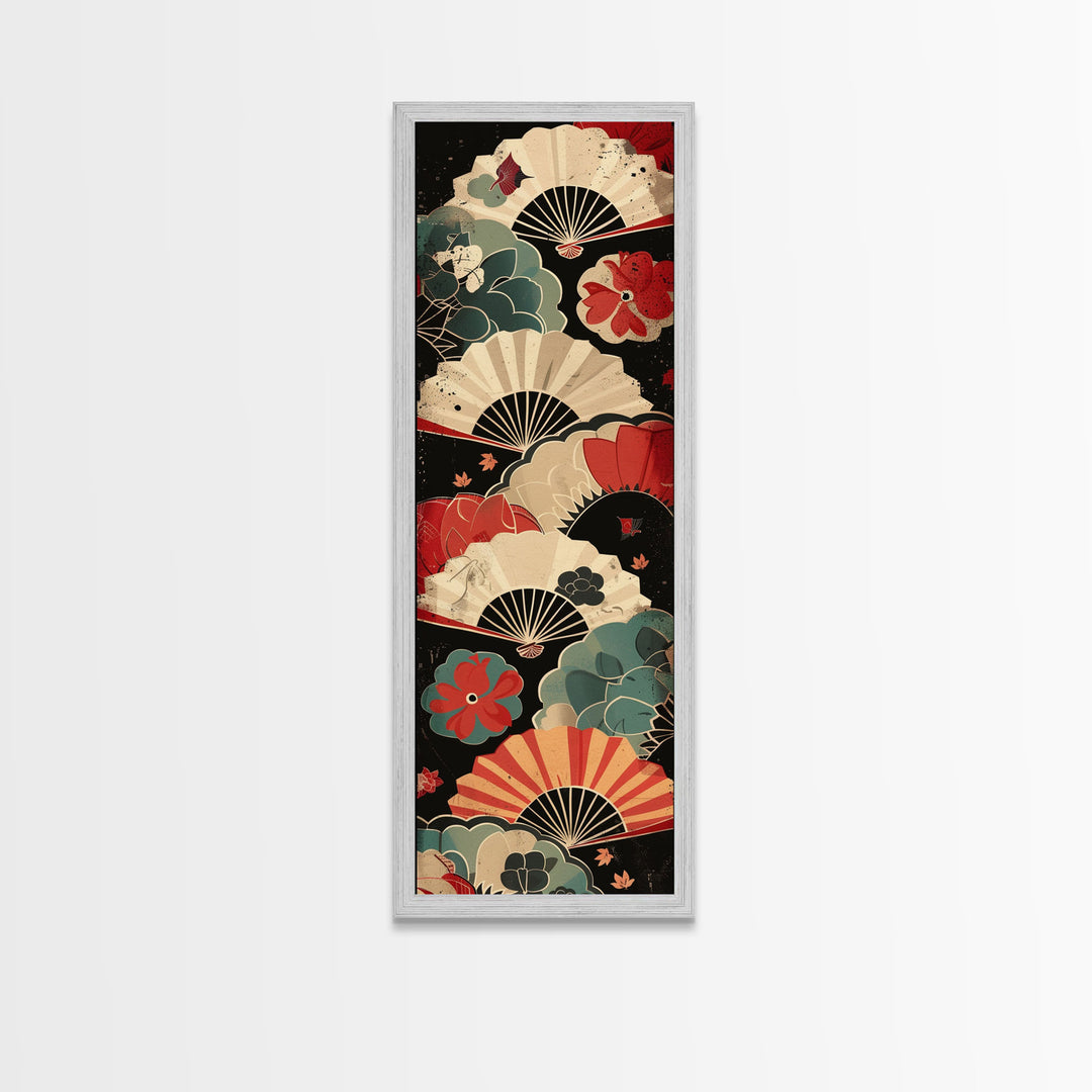Japanese-Inspired Fan Art in Bold Red and Cream Accents on Tall Vertical Canvas Print Featuring Elegant Floral Design