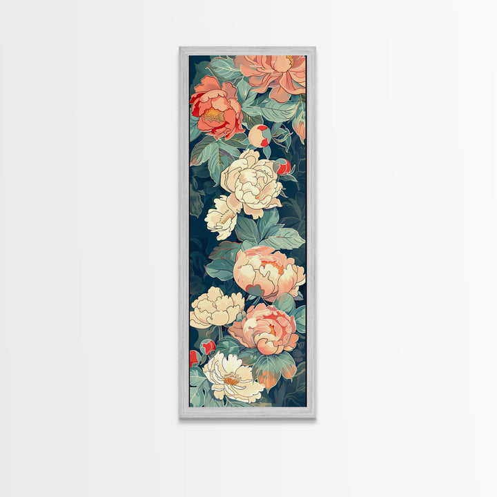 Delicate Peony Blossoms in Soft Pastel Hues on Japanese-Inspired Tall Vertical Canvas Print for Elegant Floral Decor