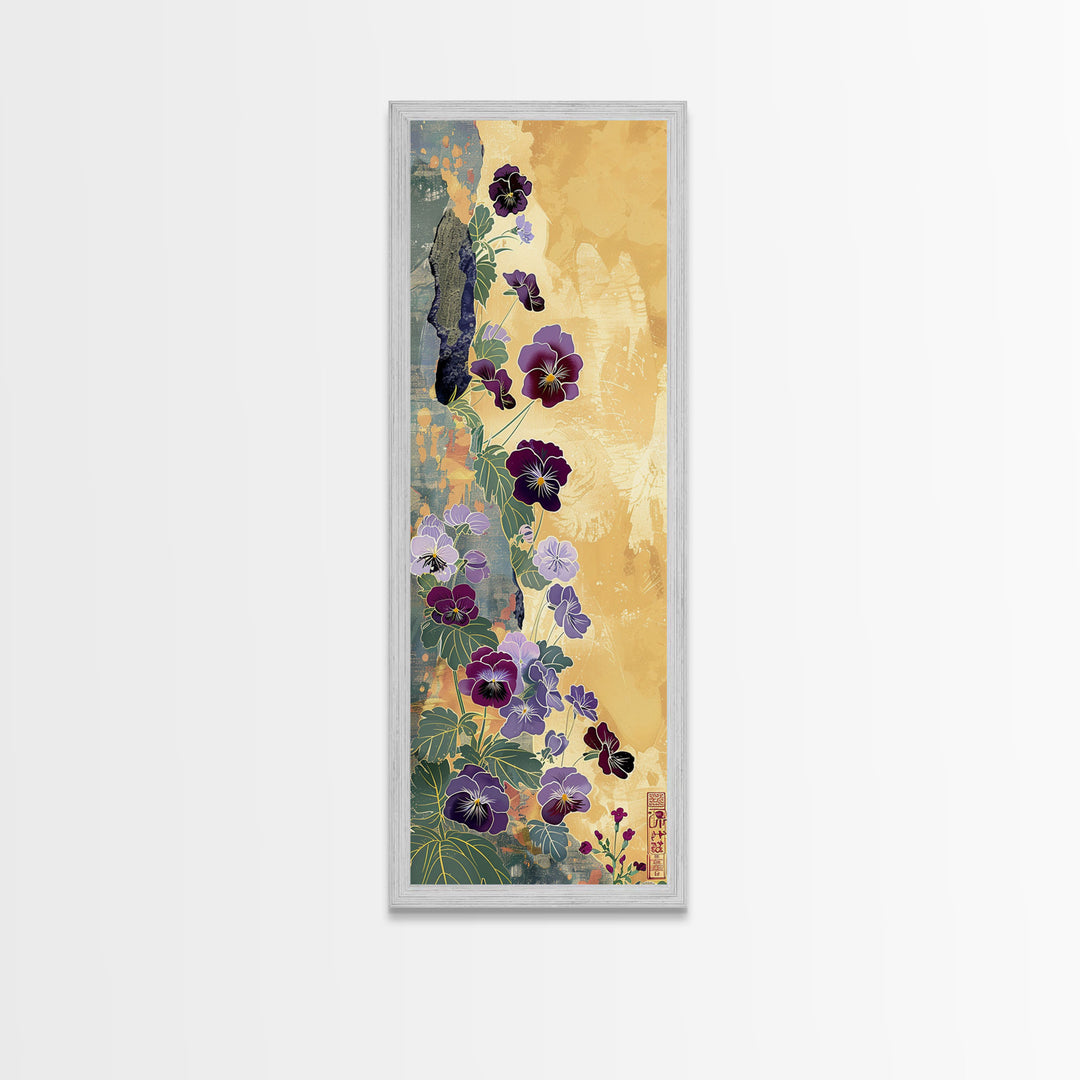 Deep Purple Pansy Flowers Against Textured Gold Background on Tall Vertical Canvas Print for Rich Floral Wall Decor