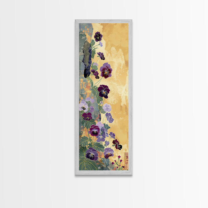 Deep Purple Pansy Flowers Against Textured Gold Background on Tall Vertical Canvas Print for Rich Floral Wall Decor