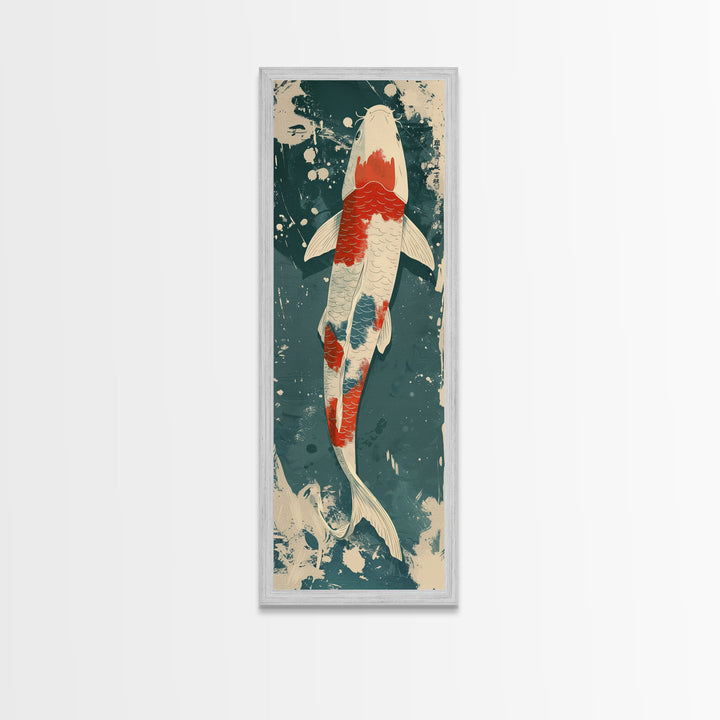 Serene Koi Fish Swimming in Deep Blue Water with Red Accents on Tall Vertical Japanese-Inspired Canvas Print