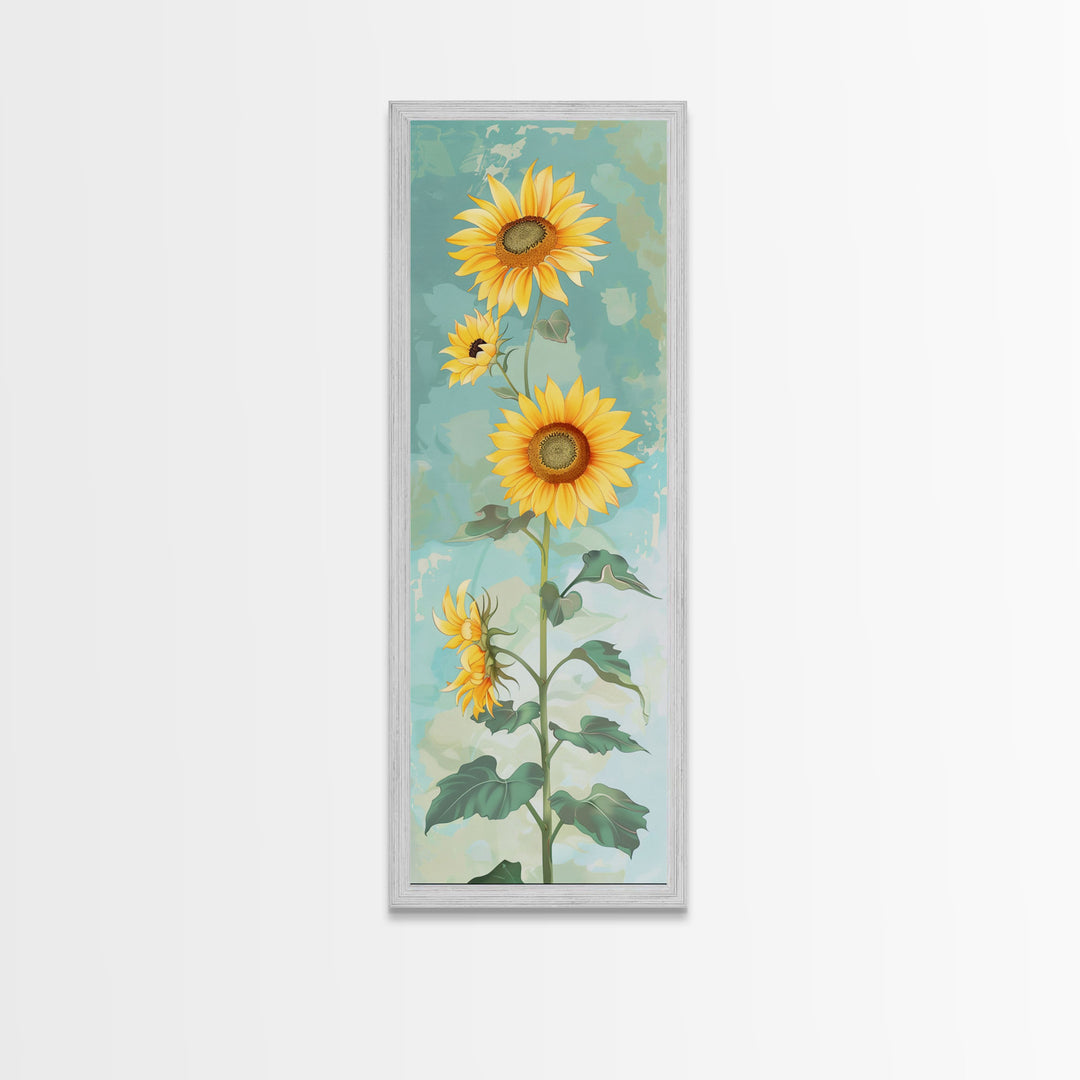 Japanese Skinny Art of Sunflowers with Golden Petals and Verdant Stems on a Pastel Blue Background – Framed Canvas Print