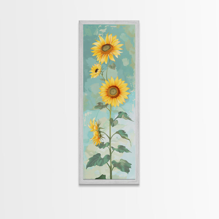Japanese Skinny Art of Sunflowers with Golden Petals and Verdant Stems on a Pastel Blue Background – Framed Canvas Print