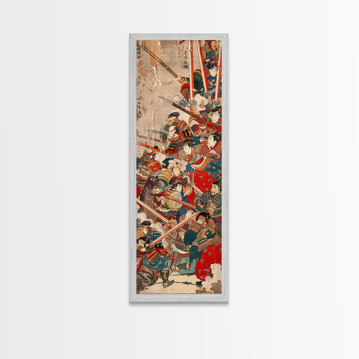 Samurai Warriors in Battle – Traditional Japanese Skinny Art with Historic Details – Framed Canvas Print
