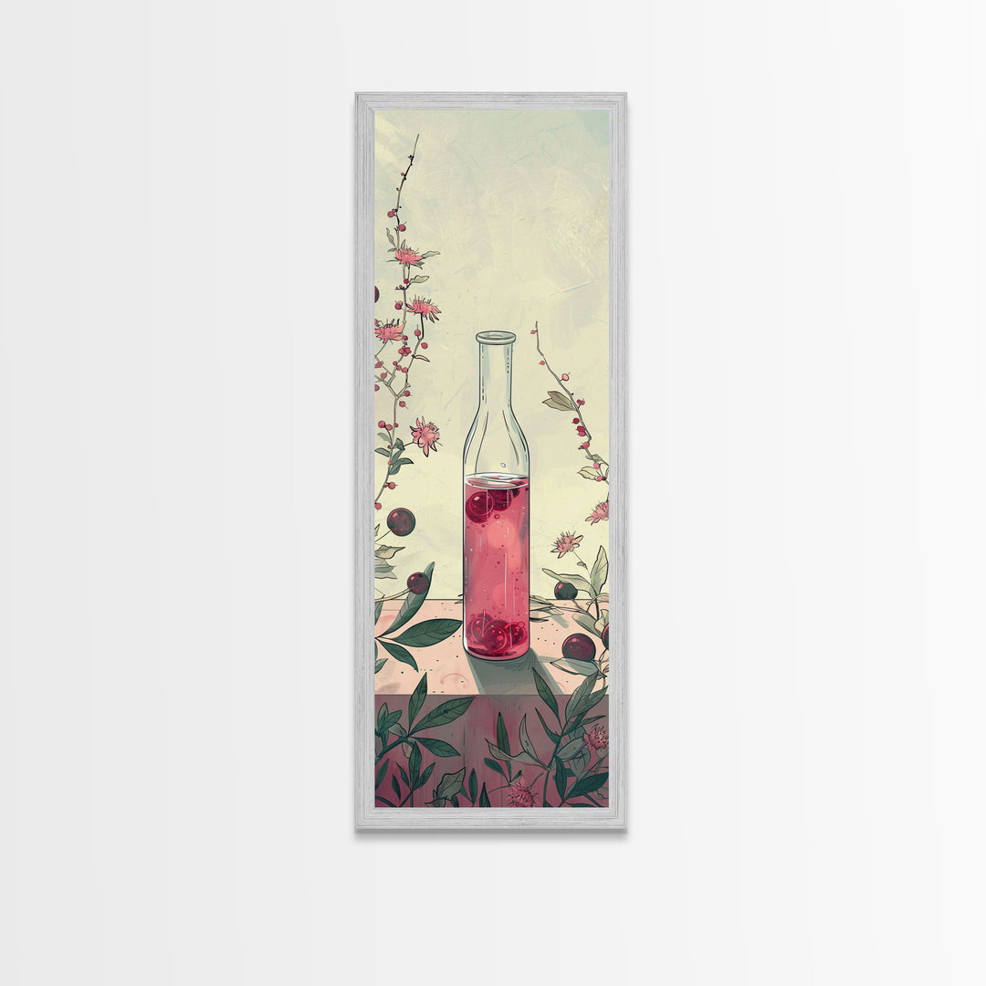 Skinny Art of Still Life with Elegant Glass Bottle and Floral Accents – Japanese-Inspired Framed Canvas Print
