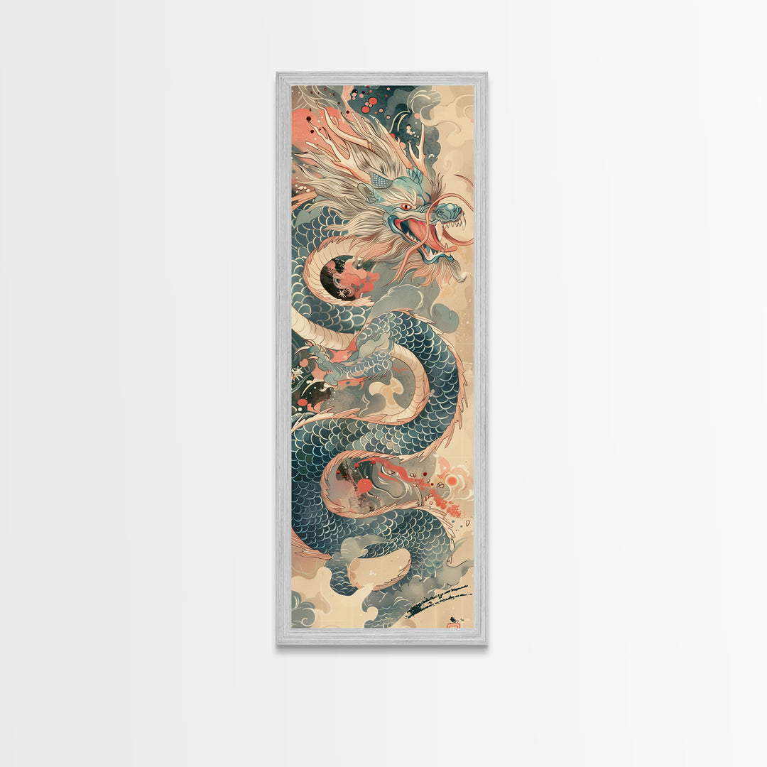 Mythical Japanese Dragon in Swirling Clouds – Skinny Art on Framed Canvas Print