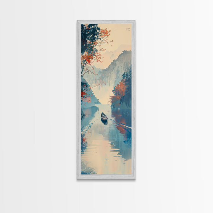Serene Japanese Landscape Framed Canvas Print Featuring A Calm River Scene With Boat And Misty Mountains, Traditional Wall Art, Ready To Hang