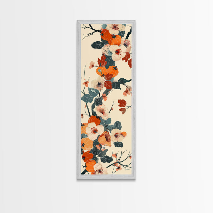 Skinny Art of Persimmon Branch with Delicate White Flowers – Japanese-Inspired Framed Canvas Print