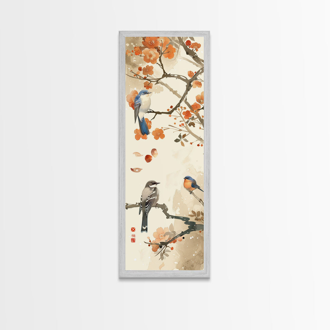 Japanese Art Inspired by Tranquil Birds and Blossoms, Framed Canvas Print for Tall Skinny Art Lovers in Ukiyo-e Style