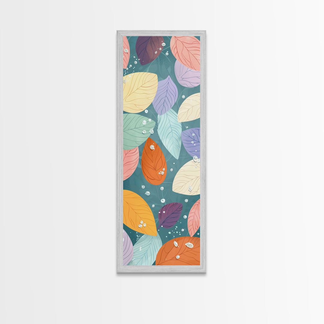 Floating Leaves in Soft Pastel Colors, Skinny Tall Art with Japanese Influence, Framed Canvas Print in Ukiyo-e Style