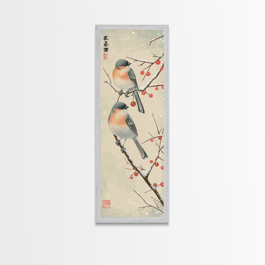 Pair of Birds on Snowy Branches, Japanese Art Framed Canvas Print, Tall and Skinny Wall Art in Ukiyo-e Style