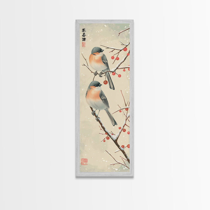 Pair of Birds on Snowy Branches, Japanese Art Framed Canvas Print, Tall and Skinny Wall Art in Ukiyo-e Style