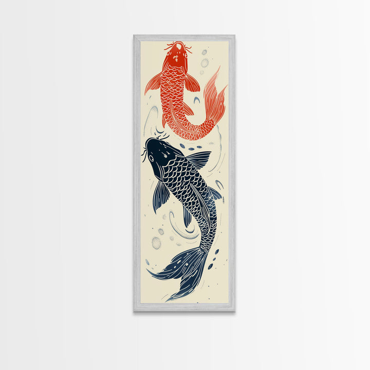 Elegant Koi Fish in Minimalist Japanese Art Style, Tall and Skinny Framed Canvas Print for Ukiyo-e Art Lovers