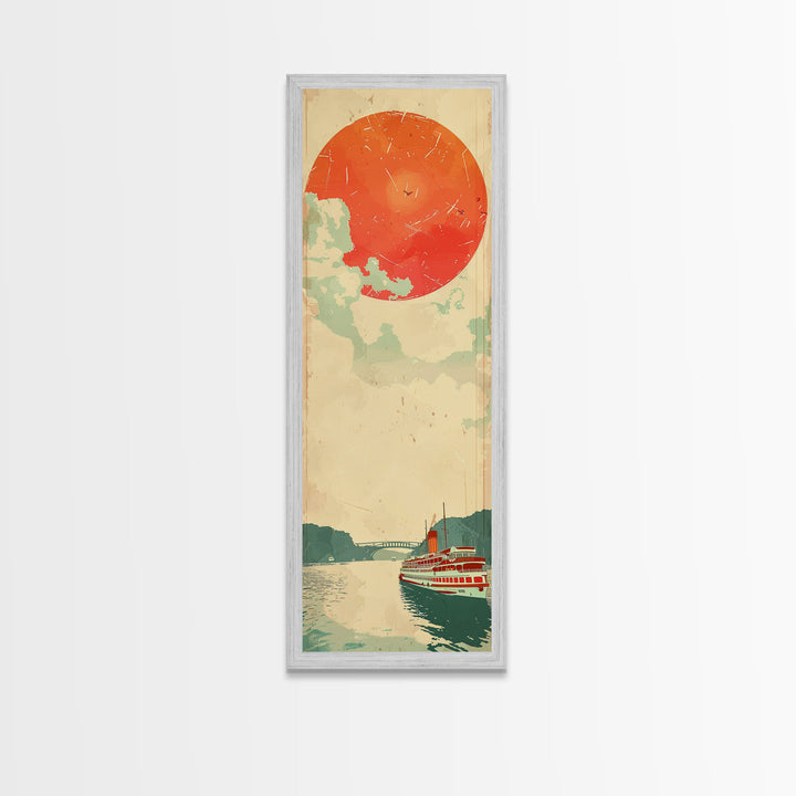 Large Red Sun Over River, Japanese Art Inspired by Ukiyo-e, Framed Canvas Print for Tall Skinny Wall Spaces