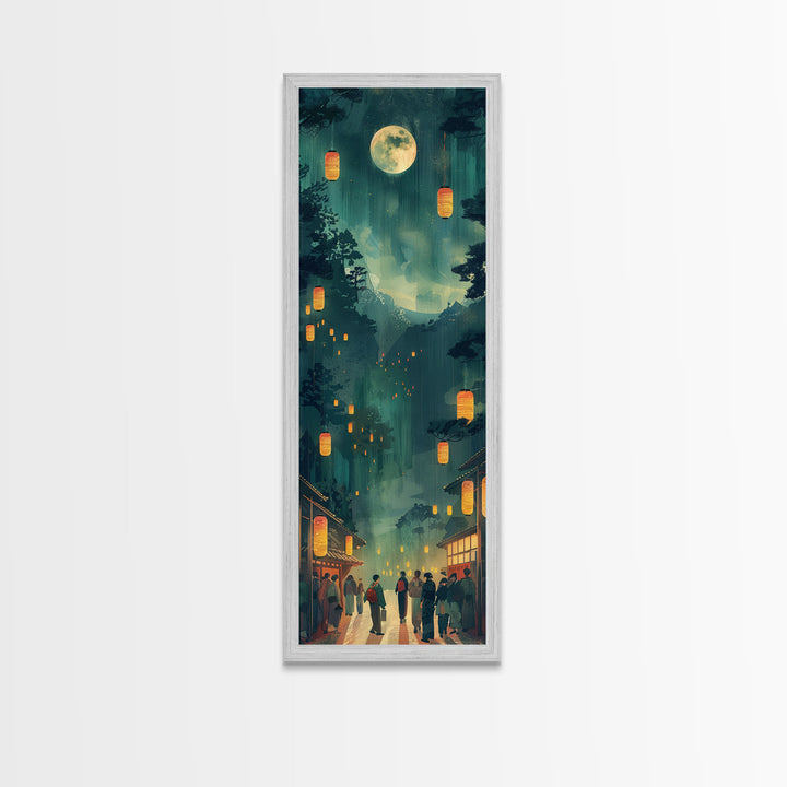 Framed Canvas Print Of A Nighttime Japanese Festival Scene With Lanterns And Pine Trees, Traditional Wall Art Ready To Hang