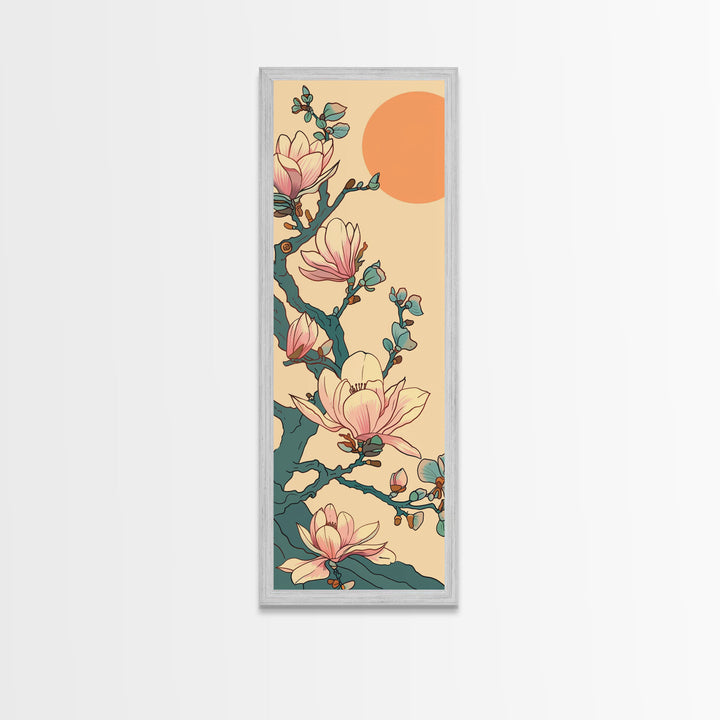 Delicate Magnolia Blossoms in Ukiyo-e Style, Tall Skinny Framed Canvas Print, Japanese Art for Vertical Spaces