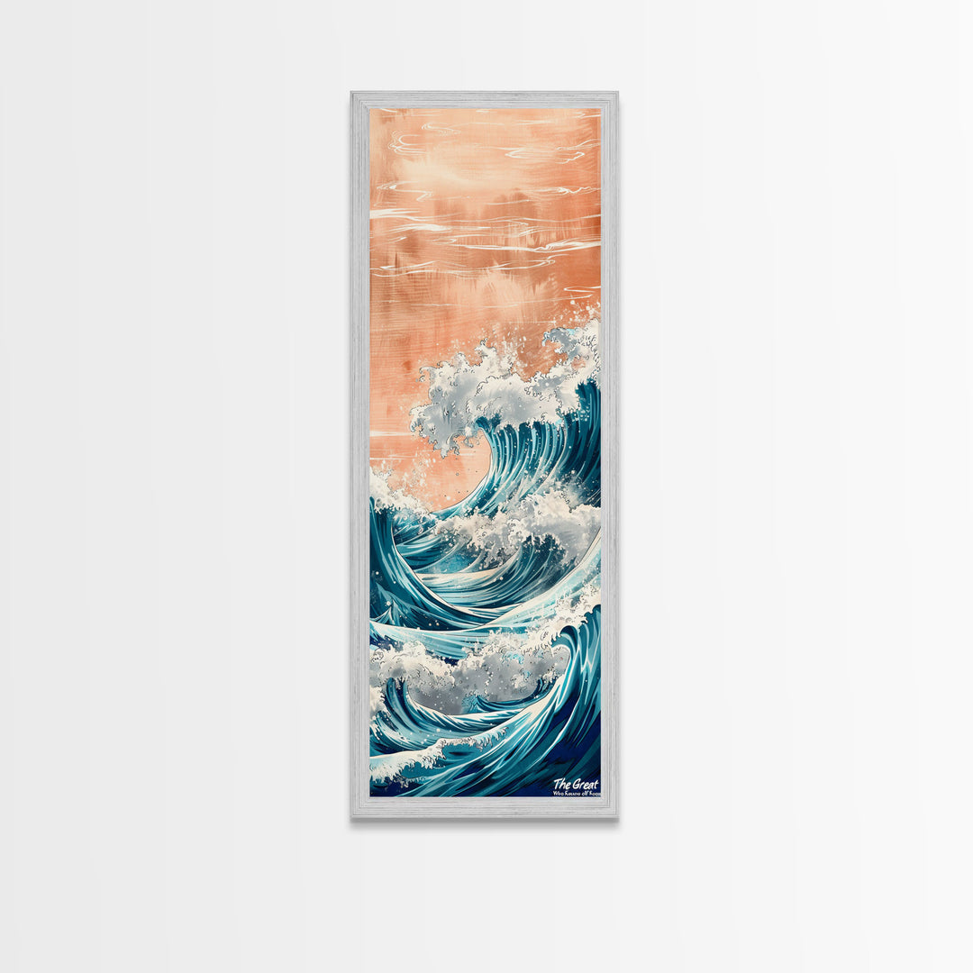 Majestic Wave, Peach Sky, Japanese Art, Skinny Art, Tall Art, Framed Canvas Print, Ukiyo-e Style