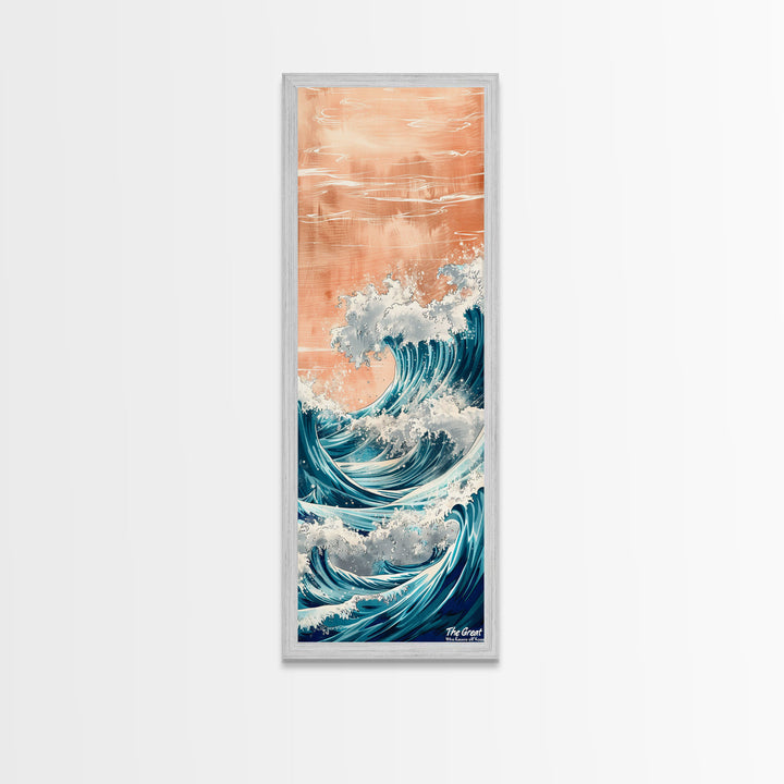 Majestic Wave, Peach Sky, Japanese Art, Skinny Art, Tall Art, Framed Canvas Print, Ukiyo-e Style