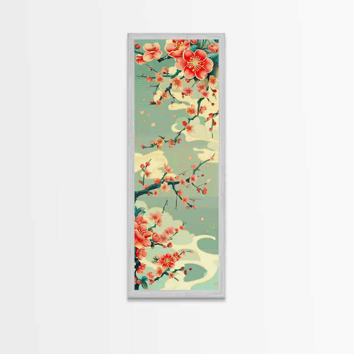 Plum Blossoms, Turquoise Sky, Japanese Art, Skinny Art, Tall Art, Framed Canvas Print, Ukiyo-e Style