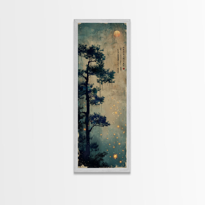 Pine Tree, Moonlit Sky, Japanese Art, Skinny Art, Tall Art, Framed Canvas Print, Ukiyo-e Style